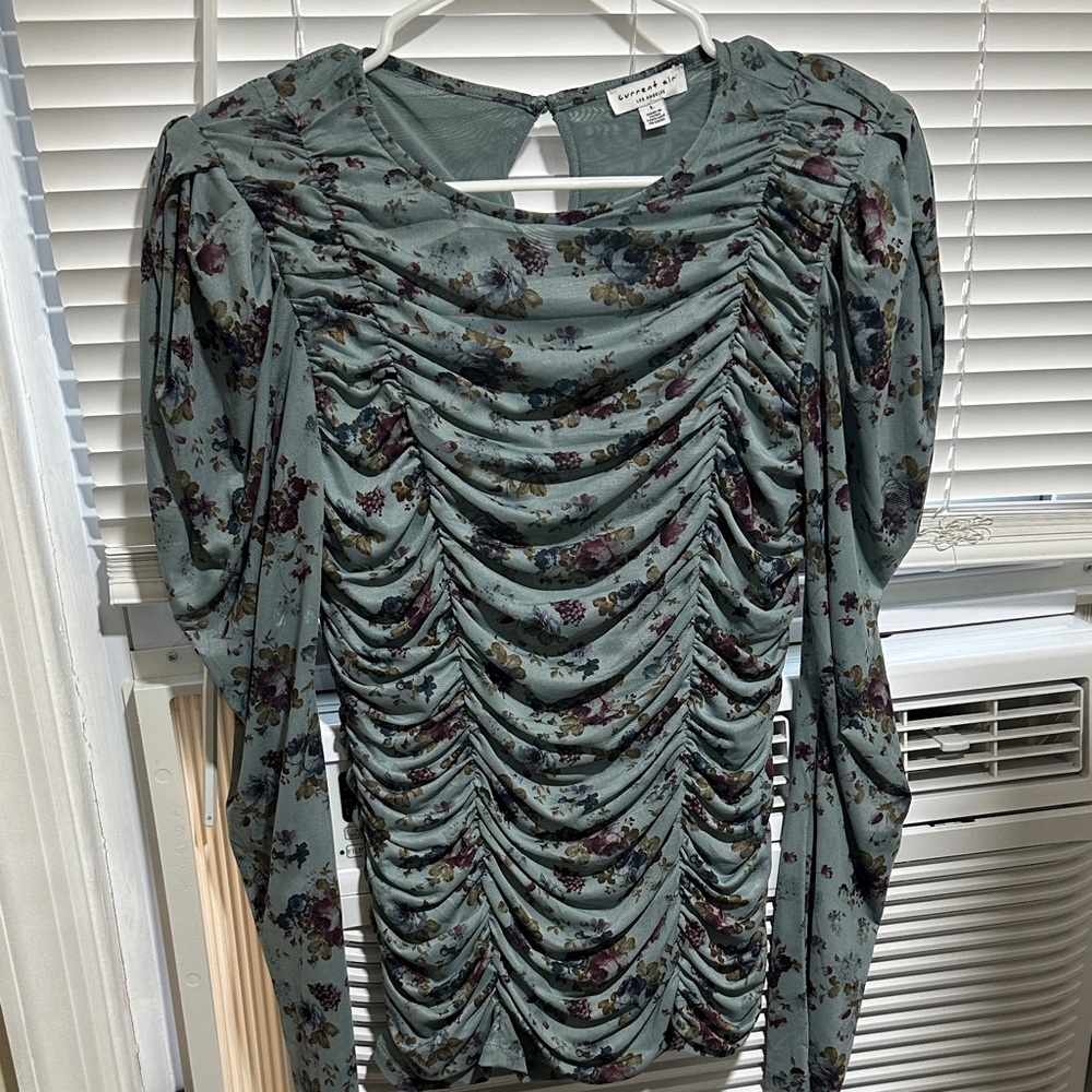 Current Air Floral Ruched Blouse in Green and Purple